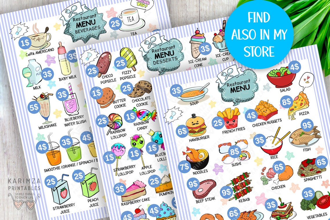 Pretend Play Restaurant Menu, Digital Download, Kids Kitchen Play Menus