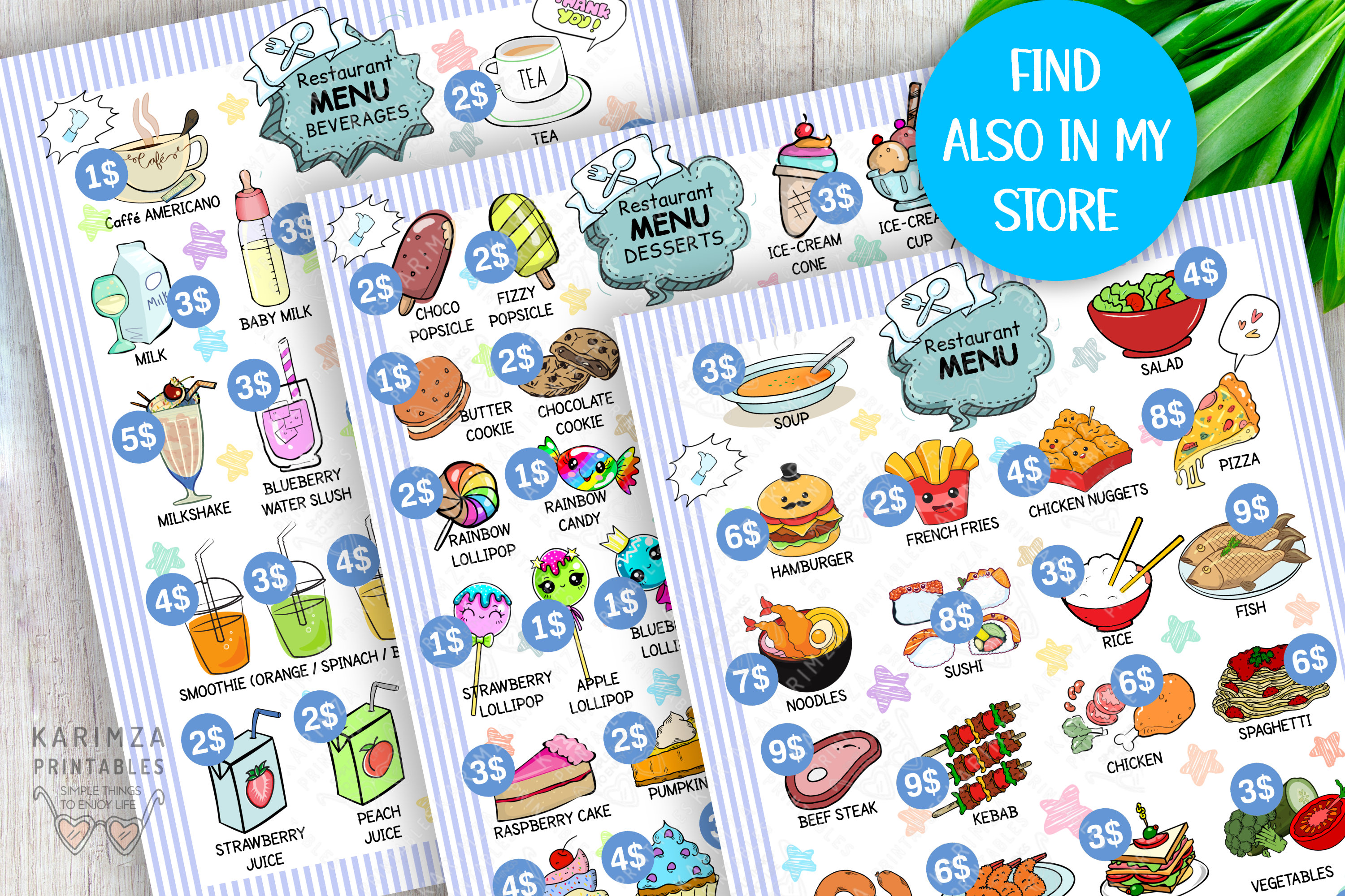 Pretend Play Restaurant Menu, Digital Download, Kids Kitchen Play Menus