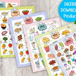 Menú de restaurante para juegos de simulación, descarga digital, menús de cocina para niños, menús de desayuno, almuerzo, cena, bebidas, postres y refrigerios para niños