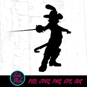 May include: Black silhouette of a cat wearing a feathered hat, boots, and holding a sword. The cat is in a dynamic pose, as if fencing. The image has a white background with a textured pattern. The bottom of the image has the text "Solo Arts" and file type options.
