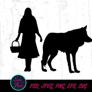 Puede incluir: Silueta negra de una niña con una capa con capucha llevando una cesta y un lobo caminando a su lado.