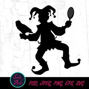 May include: A black silhouette of a jester holding a mirror and an owl. The jester is wearing a hat with bells and a tunic. The image has a distressed white background with the text "Solo Arts" and file type options.