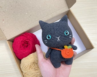 Halloween Crochet Cat With Pumpkin Bag, Cute Cat Crochet Amigurumi Finished Doll, Amigurumi Cat Crochet Plush, Halloween Gift For Cat Lovers