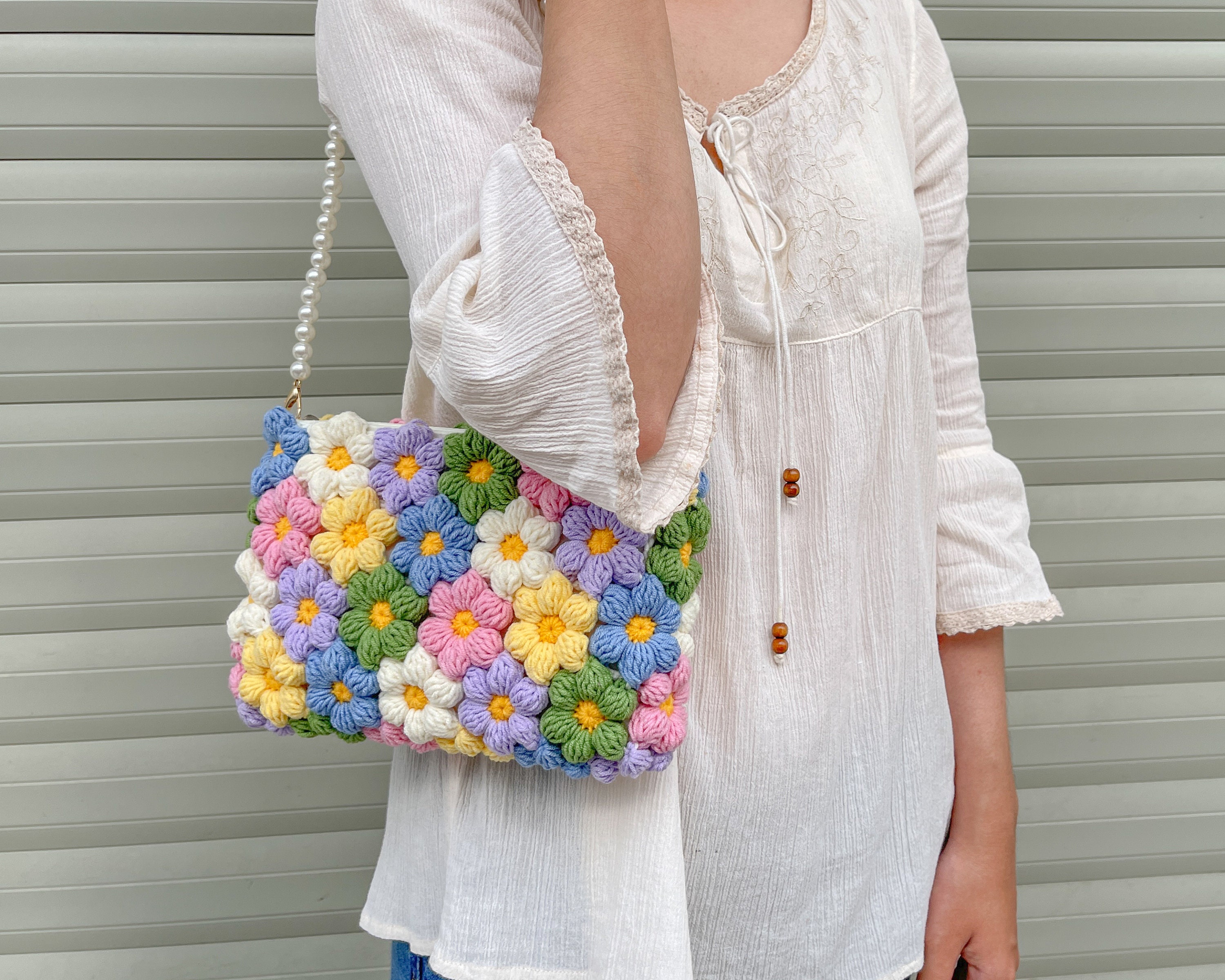 Beige Blue flowers Knitting Tote Bag Purse Lined Inner Pocket