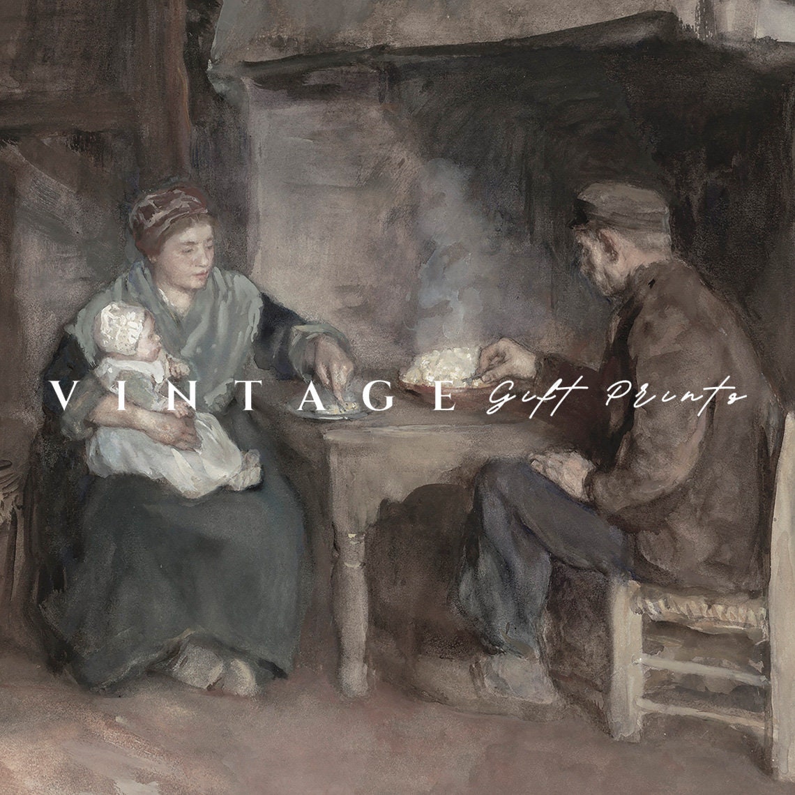 Lunch in A Peasant Family Watercolor Vintage Farmhouse Print Etsy