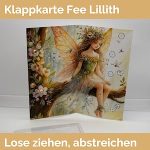 Klappkarte Lose ziehen, abstreichen, würfeln | Sparchallenge Fee Lillith |  sparen mit der Umschlagmethode | Feenmotiv | Sparspiel