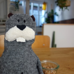 Könnte beinhalten: Ein graues Plüschtier in Form eines Bibers mit weißem Gesicht und schwarzen Augen. Das Spielzeug sitzt auf einem Holztisch neben einem Glasgefäß gefüllt mit Weizenkörnern.