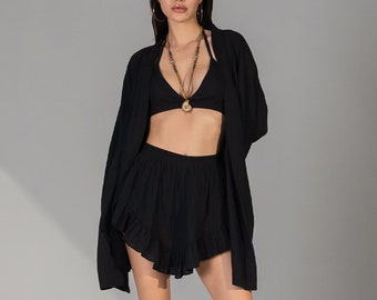 Frencesca Black Muslin Kimono Set • Cotton Boho Skirt • Organic Summer Top • Bohemian Beach Wear • Beach Resort Tulum Skirt • Relaxed Robe