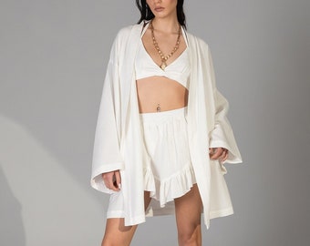 Frencesca White Muslin Kimono Set • Cotton Boho Skirt • Organic Summer Top • Bohemian Beach Wear • Beach Resort Tulum Skirt • Relaxed Robe