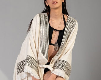 Brewess Boho Beige Cotton Kimono Robe • Unisex Ethnic Long Sleeve Beach Cover Up •  Adjustable Cover Up • Beach Kaftan Women • Boho Clothing