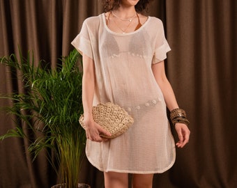 Beige Crochet Beach Tunic, Cotton Swim Cover Up, Handmade Short Sleeve Cover Up, Beach Clothing, Organic Summer Clothing