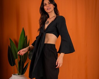 Black Muslin Deep V Versatile Bohemian Crop Top Pants Set, Organic Cotton Low Cut Blouse, Solid Self Tie Top, Boho Clothing