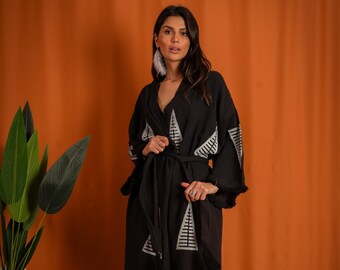 Bohemian Unisex Black Muslin Kimono, Gifts For Women, Organic Cotton Long Sleeve Pyramid Kaftan, Swim Cover Up