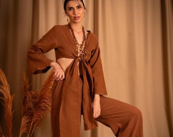 Brown Muslin Deep V Versatile Bohemian Crop Top Pants Set, Organic Low Cut Blouse, Solid Self Tie Top, Cotton Boho Clothing