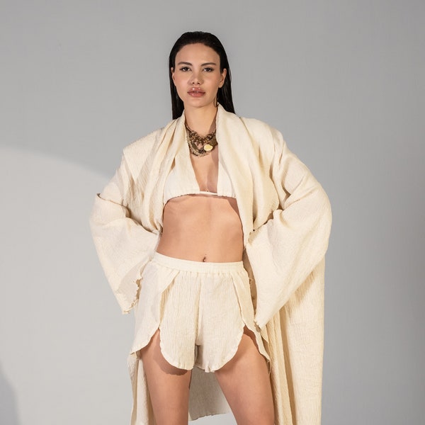 Triss Muslin Kimono Shorts Set • Beige Cotton Shorts • Summer Beach Top • Bohemian Relaxed Kimono • Boho Organic Robe • Summer Clothing