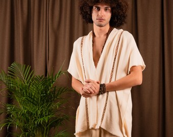 Beige Hooded Handmade Poncho Men, Men's Festival Clothing, Tribal Boho Men's Wear, Unisex Poncho