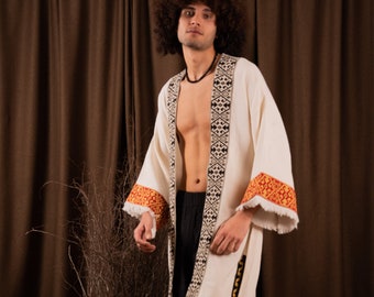 Bohemian Handwoven Kimono For Men, Traditional Organic Long Sleeve Beach Cover Up, Unisex Clothing, Ethnic Loose Kaftan