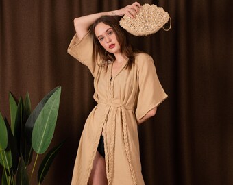 Cotton Beige Braided Bohemian Half Sleeve Kimono Dress, Long Kaftan Dress, Christmas Gifts For Women, One Size Kimono Robe