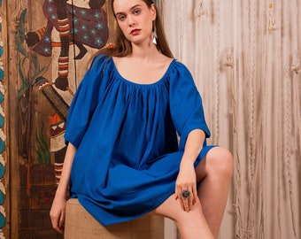 Blaues Oversize Kurzarm Kleid, Baumwolle Relaxed Kleid, Bio Strandkleid, Musselin Lockeres Kurzes Kleid