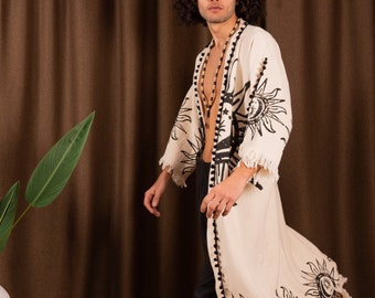 Bohemian Cotton Beige Kimono For Men, Long Sleeve Unisex Beach Cover Up, Sun Pattern Ethnic Kaftan Kimono Men, Unisex Beach Clothing