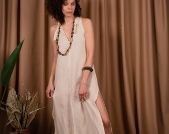 Beige Cotton Long Dress, Sleeveless Beach Dress, Boho Maxi Dress, Loose Organic Mother Dress