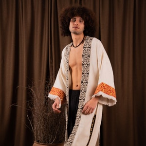 Bohemian Handwoven Kimono For Men, Traditional Organic Long Sleeve Beach Cover Up, Unisex Clothing, Ethnic Loose Kaftan image 1