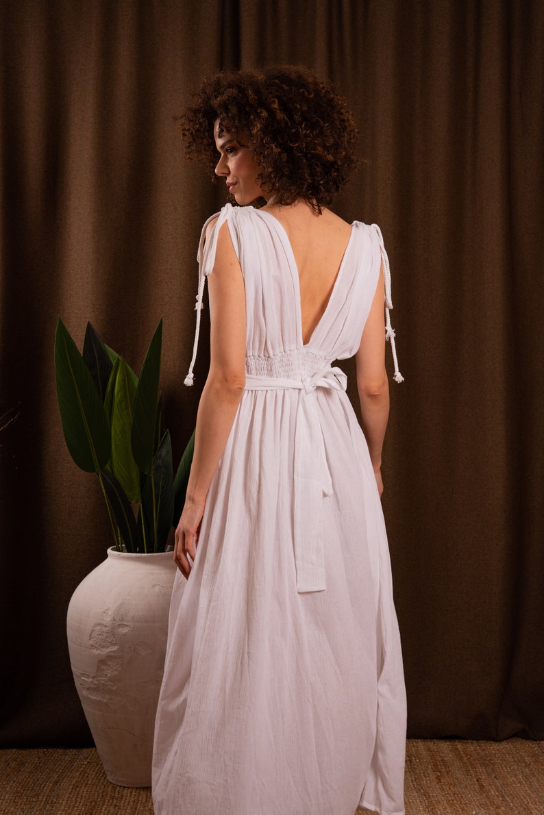White Cotton Leg Slit Long Summer Dress, Boho Maxi Wedding Dress, Organic Beach Dress, Bohemian Maxi Dress, Goddess Dress image 6