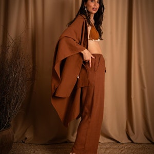 Bohemian Muslin Brown Hooded Poncho Pants Set Women, Boho Kimono Robe Set, Muslin Sustainable Poncho, Gifts For Women, Cotton Clothing image 5