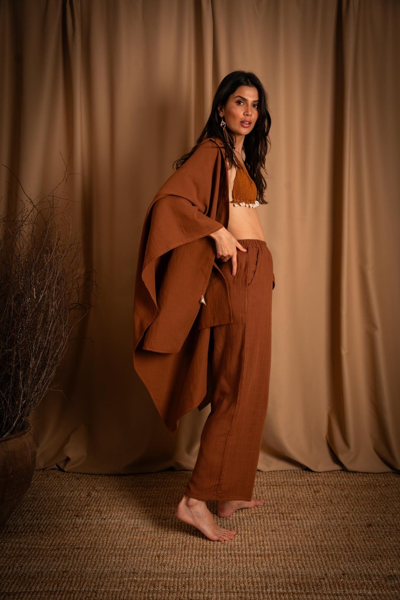 Bohemian Muslin Brown Hooded Poncho Pants Set Women, Boho Kimono Robe Set, Muslin Sustainable Poncho, Gifts For Women, Cotton Clothing image 5