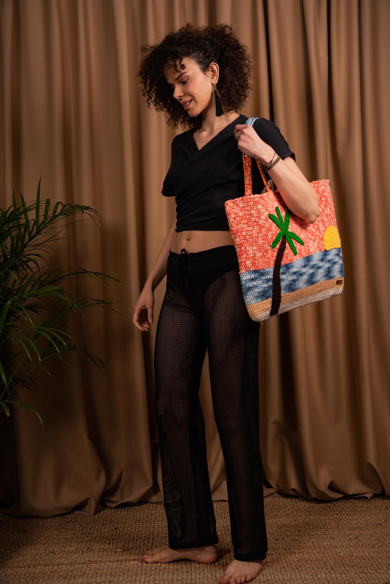 Organic Cotton Black Loose Crochet Beach Pants Women, Bohemian Summer Trousers, Loose Vacation