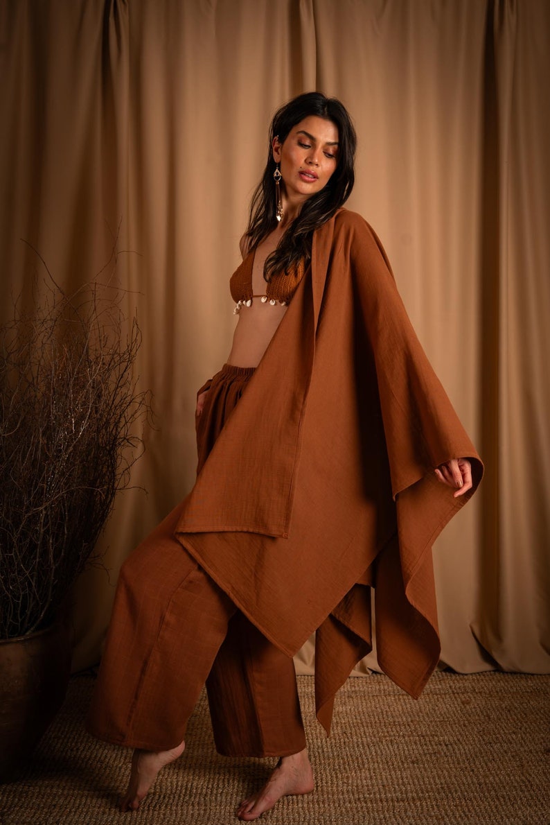 Bohemian Muslin Brown Hooded Poncho Pants Set Women, Boho Kimono Robe Set, Muslin Sustainable Poncho, Gifts For Women, Cotton Clothing image 3