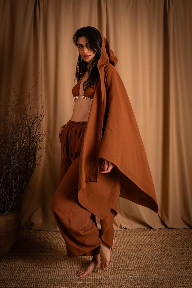 Bohemian Muslin Brown Hooded Poncho Pants Set Women, Boho Kimono Robe Set, Muslin Sustainable Poncho, Gifts For Women, Cotton Clothing image 6