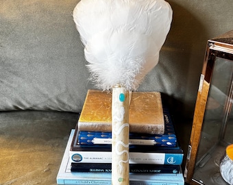 Scottish Swan Feather Smudge Fan: Yew Handle, Amazonite and Aventurine crystal. Kundalini snake.