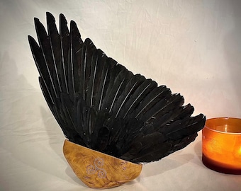 Scottish crow wing smudging fan with an olive wood handle with a silver Triskelion inlay.  shamanic energy cleansing ritual tool