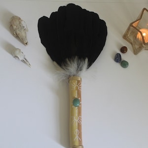 Scottish crow feather smudging fan, sage spiritual cleansing aventurine crystal  smudge wand shamanic feather ritual ceremonial tool