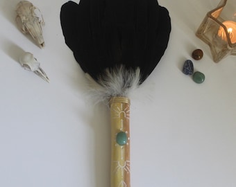 Scottish Crow Feather Smudge Fan, Aventurine Crystal, Shamanic Ritual Tool