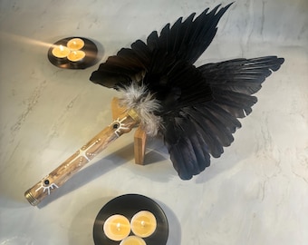 Scottish crow feather smudging fan, spiritual cleansing ceremonial fan smudge wand shamanic ritual tool, black tourmaline crystal.