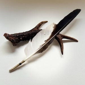 Scottish Hawk smudging feather with black tourmaline crystal.  Smudge wand. Prayer fan, smudging feather, sage ritual, shamanic wand
