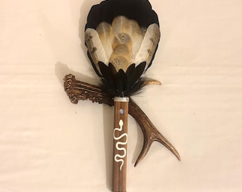 Scottish Crow and Owl smudge fan with Moonstone  crystal in an American Black Walnut handle