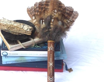 Tawny Owl Smudge Fan: Black Walnut Handle, Rose Quartz, Shamanic Tool