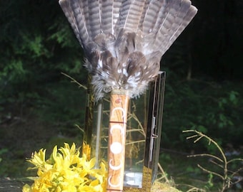 Hawk feather Smudge Fan: Olive Wood Handle, Sunstone Crystals