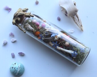 Shrine Offering, Flowers, Bones, Crystals Glass Phial