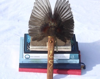 Scottish Blackbird and Pheasant feather smudging fan with Black Walnut handle set with Tigers Eye crystal. Prayer wand energy cleansing sage