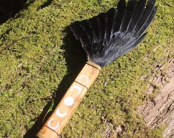 Crow Wing Smudge Fan: Olive Wood Handle, Moon Phase Design
