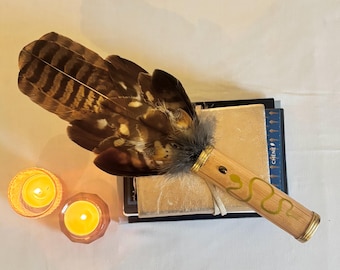 Sacred Scottish Hawk feather prayer fan. Oak handle with Tigers Eye crystal and hand painted gold Lundalini snake motif.