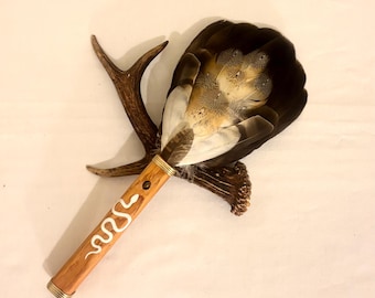 Hawk and Owl Smudge Fan with Tigers Eye, American Cherry Wood Handle