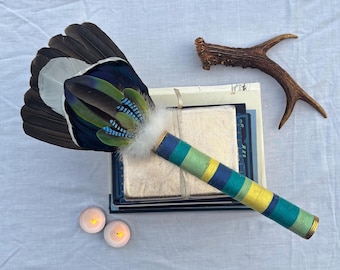 Sacred Scottish Waters smudge fan. Oak handle.