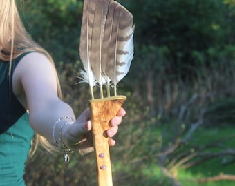 Hawk Feather Smudge Fan: Olive Wood Handle, Amethyst