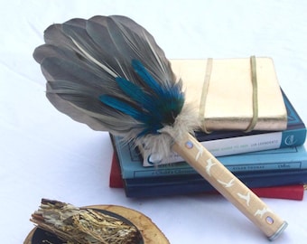 Scottish Grey Heron and Kingfisher feather shamanic smudging fan. Curly mapel handle  with moonstone. prayer wand pagan wicca sage shamanic