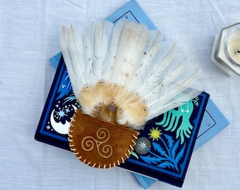 Barn Owl Feather Smudge Fan: Leather Handle, Shamanic Prayer Wand